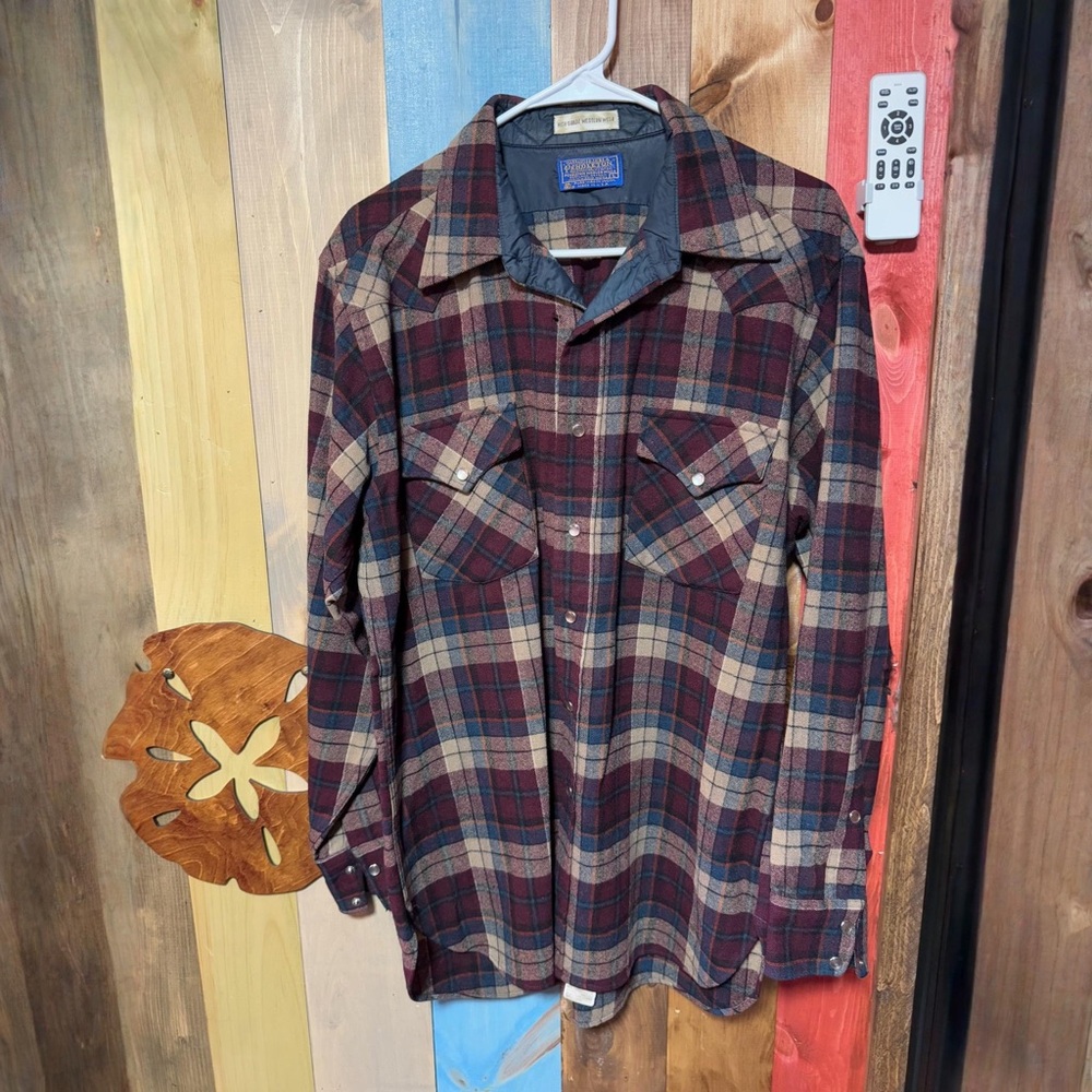 Pendleton High Grade Western Wear Plaid Wool Snap Button Shirt Made in USA